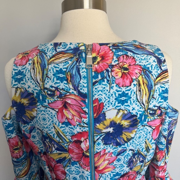 NICOLE MILLER Floral-Print Leaf‎ Turquoise Cold-Shoulder Sheath Cocktail Dress - Picture 9 of 15